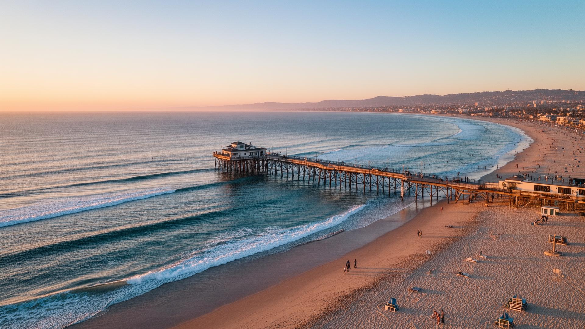 Huntington Beach pier at golden hour, calm Pacific ocean and warm coastal sky