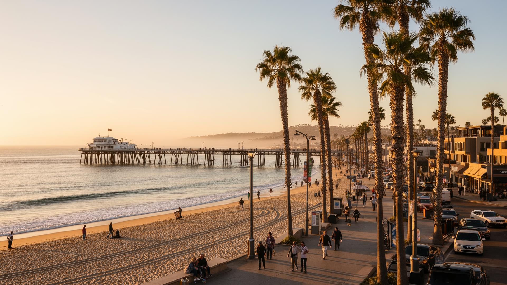 Huntington Beach pier and palm-lined coastline at golden hour